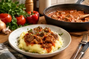Гуляш с подливкой, как в детстве: мясо мягкое, а соус густой и насыщенный