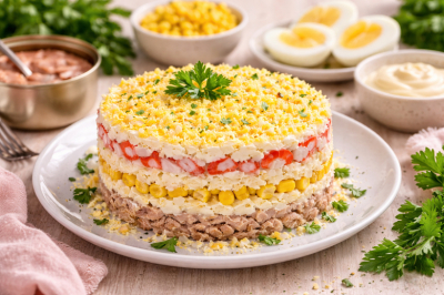 Вкусный салат «Море удовольствия»: выкладываем слоями 5 простых ингредиентов